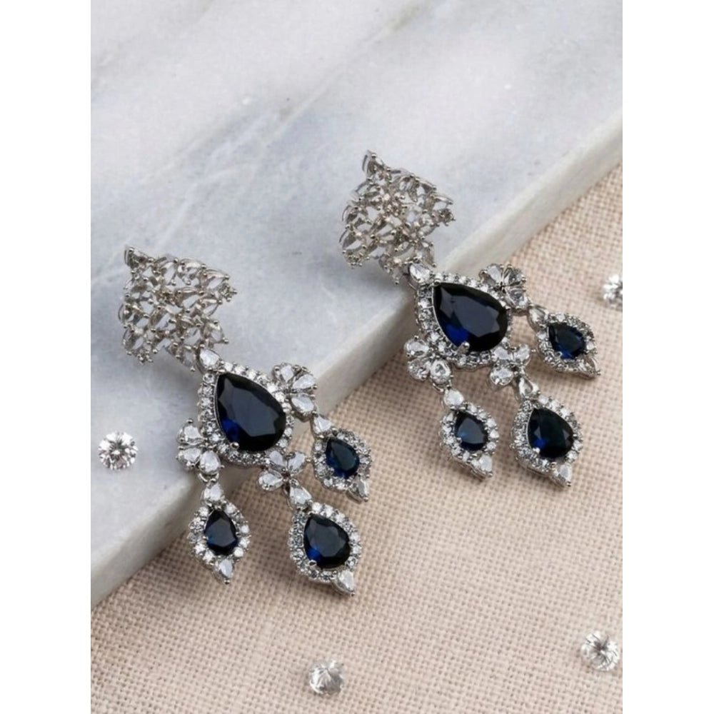 Brass Silver Plated Drop Earrings (Blue) – Design 06