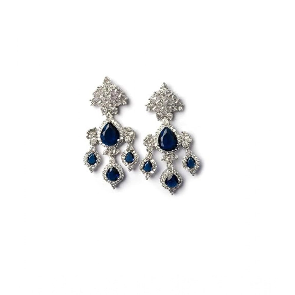 Brass Silver Plated Drop Earrings (Blue) – Design 06