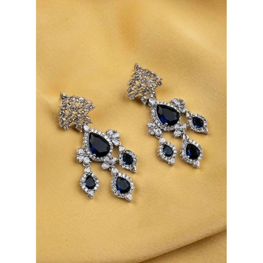 Brass Silver Plated Drop Earrings (Blue) – Design 06