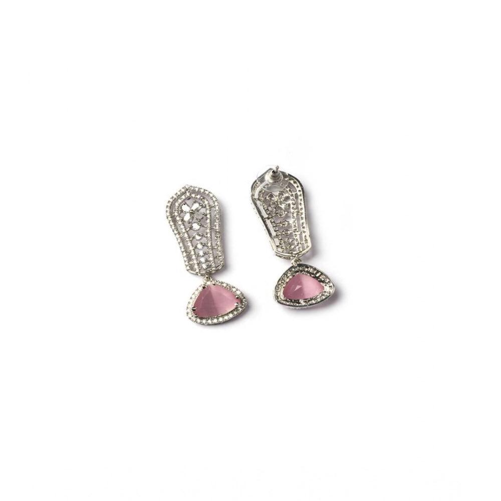 Brass Silver Plated Drop Earrings (Pink) – Design 11