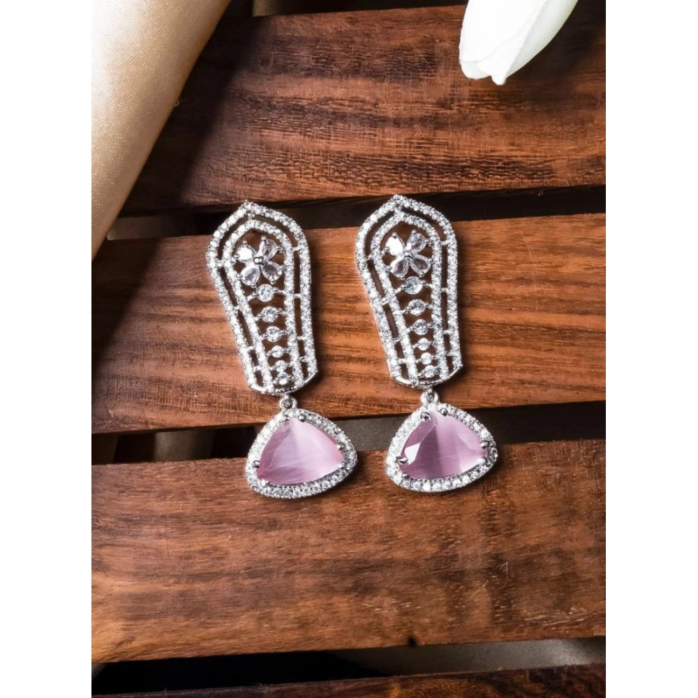 Brass Silver Plated Drop Earrings (Pink) – Design 11