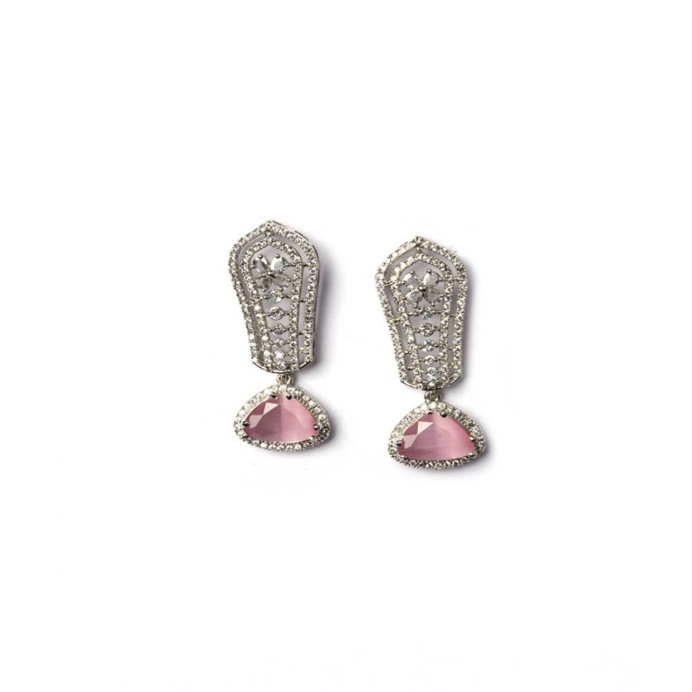 Brass Silver Plated Drop Earrings (Pink) – Design 11