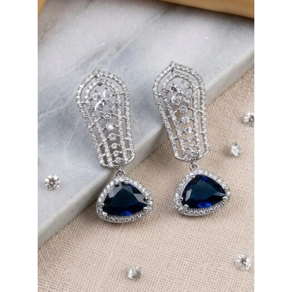 Brass Silver Plated Drop Earrings (Blue) – Design 07