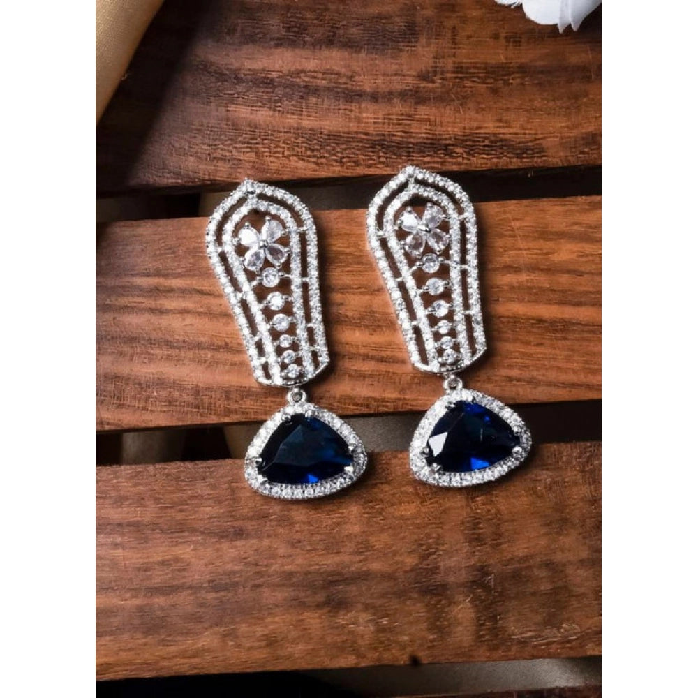 Brass Silver Plated Drop Earrings (Blue) – Design 07