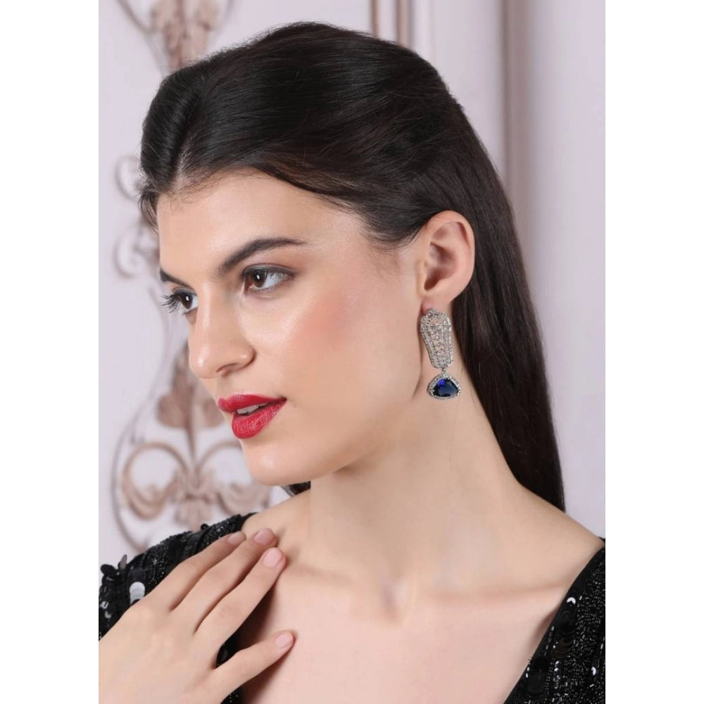 Brass Silver Plated Drop Earrings (Blue) – Design 07