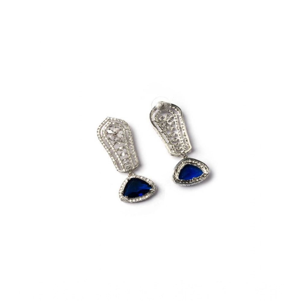 Brass Silver Plated Drop Earrings (Blue) – Design 07