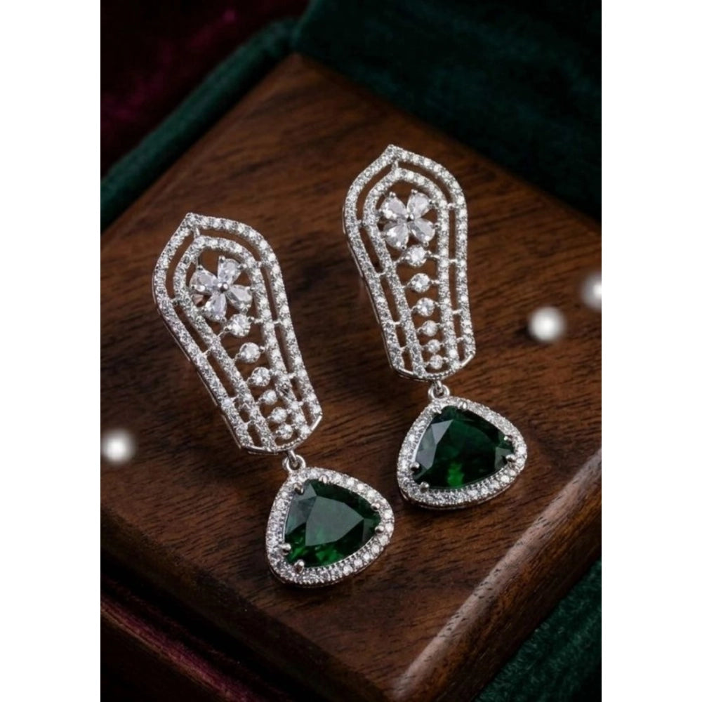 Brass Silver Plated Drop Earrings (Green) – Design 07
