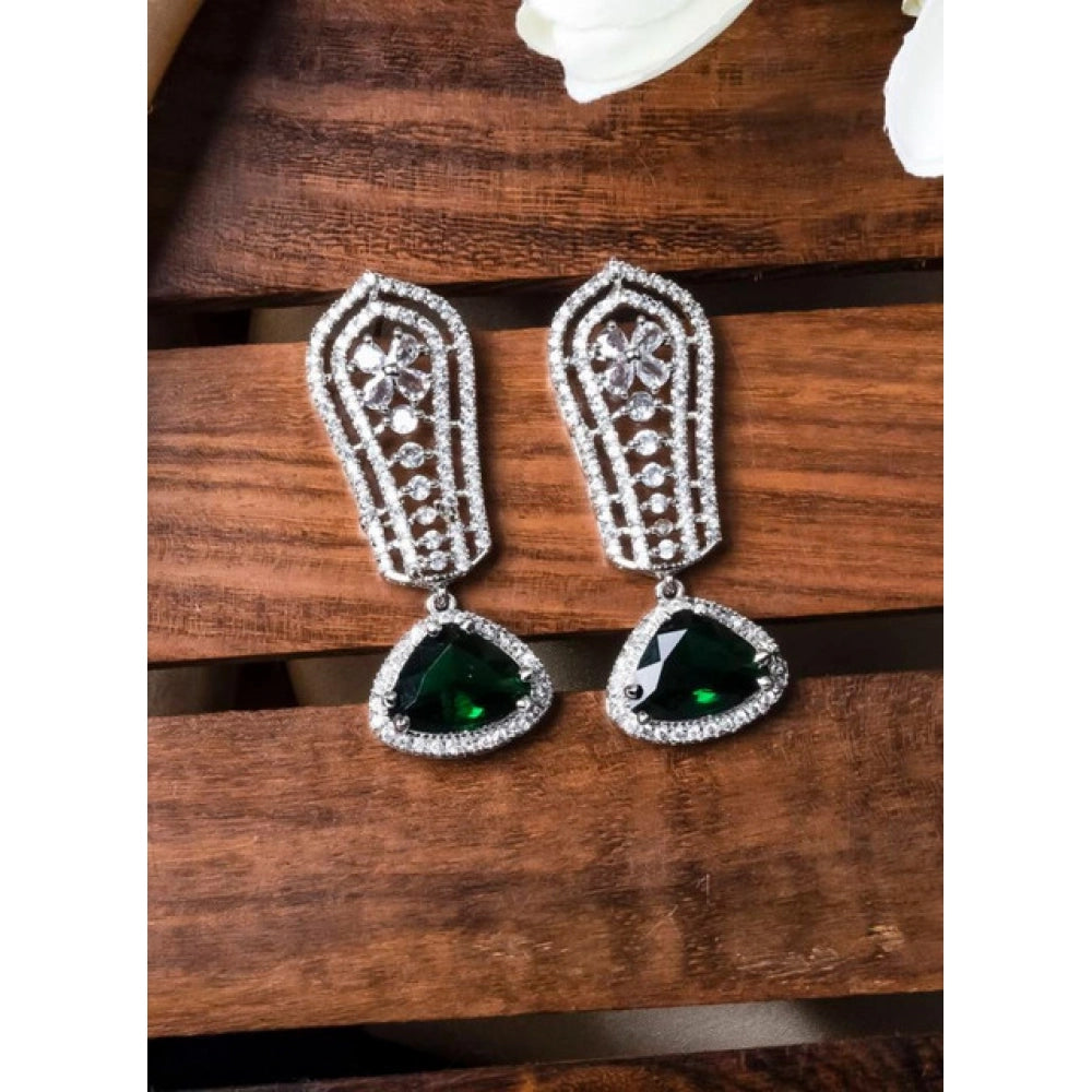 Brass Silver Plated Drop Earrings (Green) – Design 07