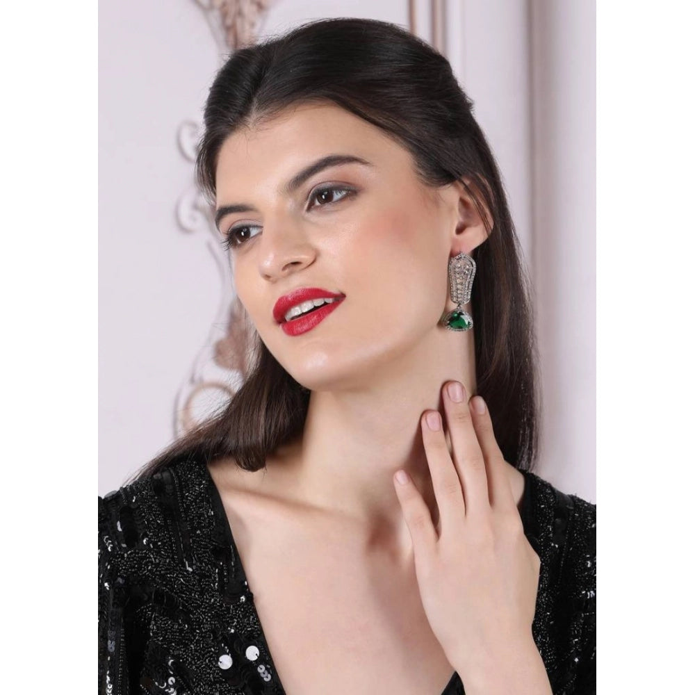Brass Silver Plated Drop Earrings (Green) – Design 07