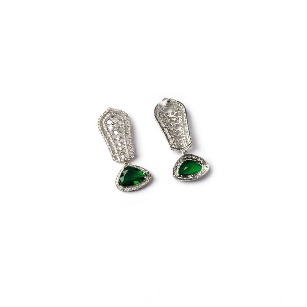 Brass Silver Plated Drop Earrings (Green) – Design 07
