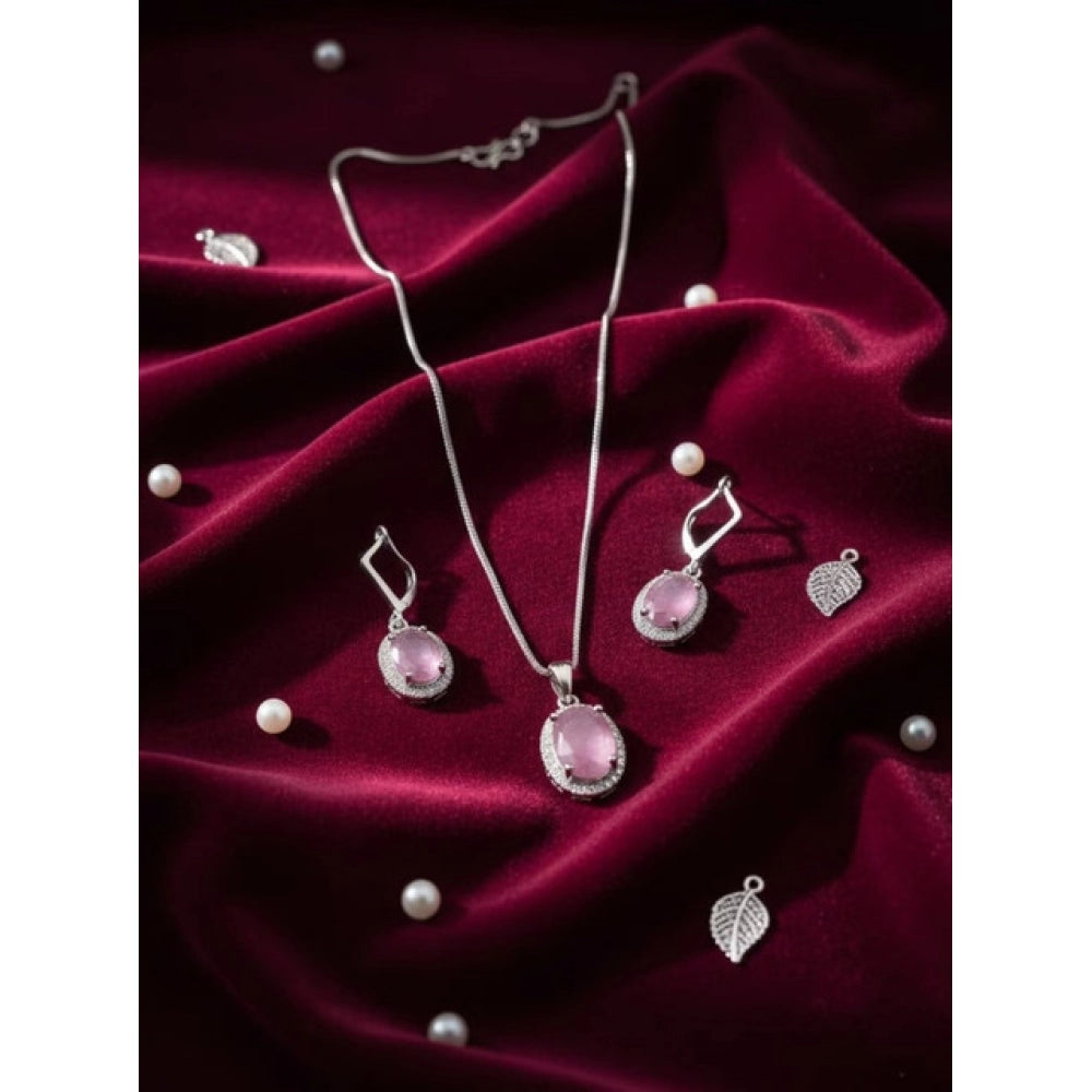 Brass Silver Plated Pendant Set (Pink) – Design 02