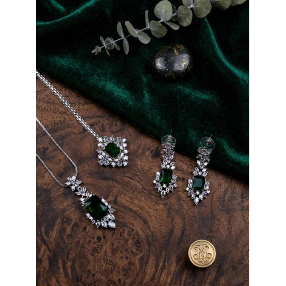 Brass Silver Plated Pendant Set (Green) – Design 01