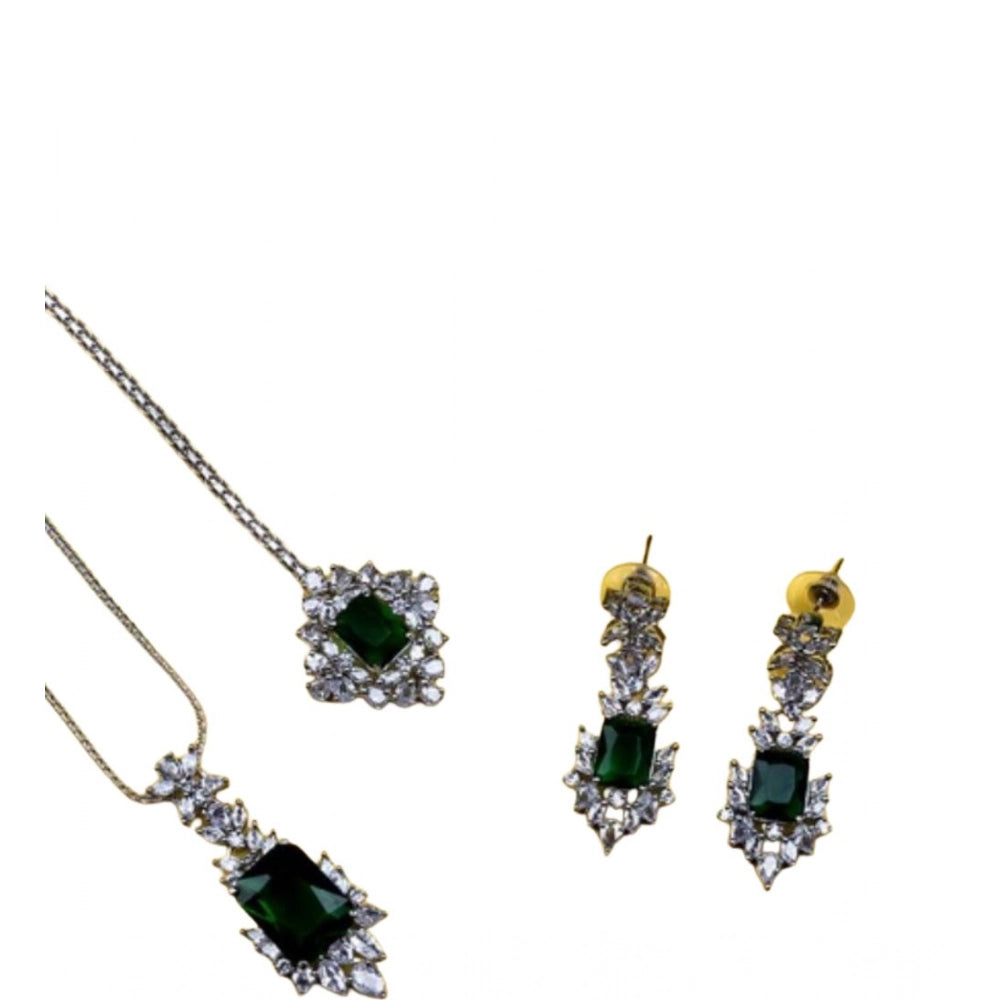 Brass Silver Plated Pendant Set (Green) – Design 01