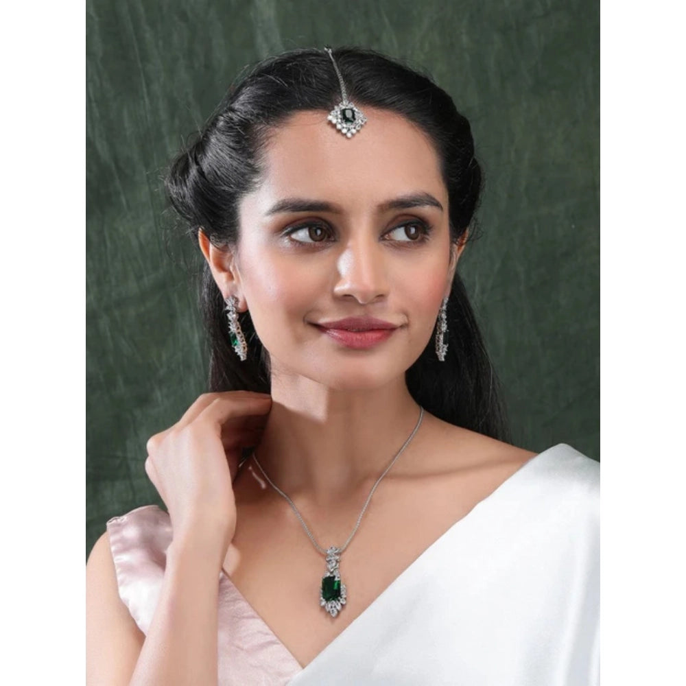 Brass Silver Plated Pendant Set (Green) – Design 01