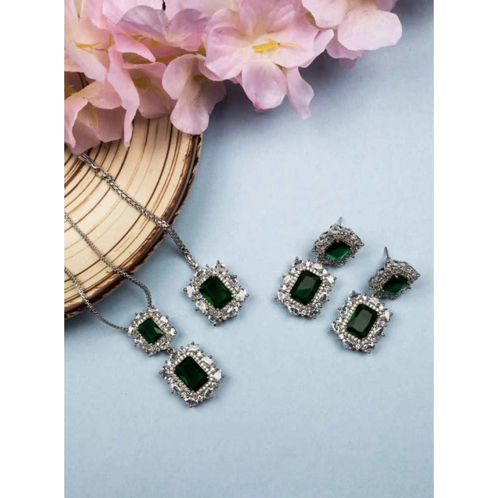 Brass Silver Plated Pendant Set (Green) – Design 02