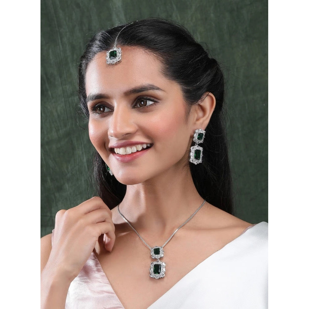 Brass Silver Plated Pendant Set (Green) – Design 02