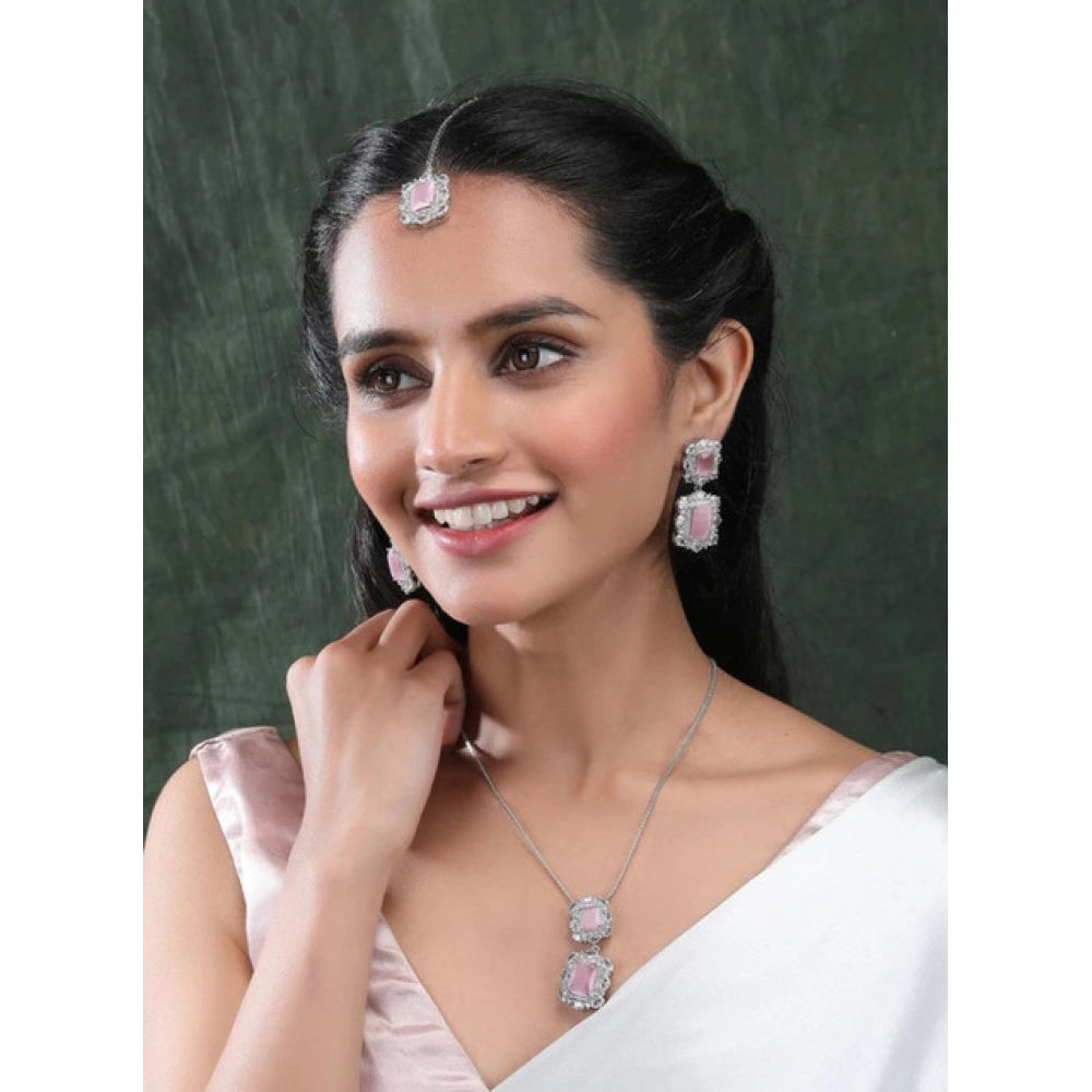 Brass Silver Plated Pendant Set (Pink) – Design 03