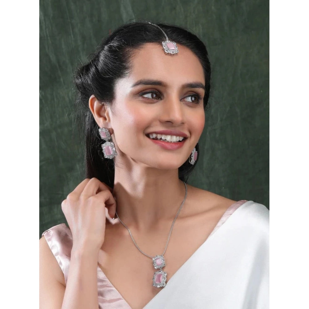 Brass Silver Plated Pendant Set (Pink) – Design 03