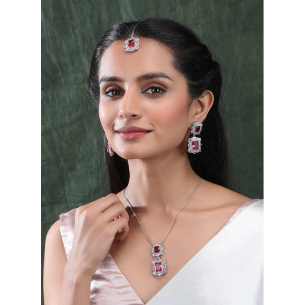 Brass Silver Plated Pendant Set (Red) – Design 01