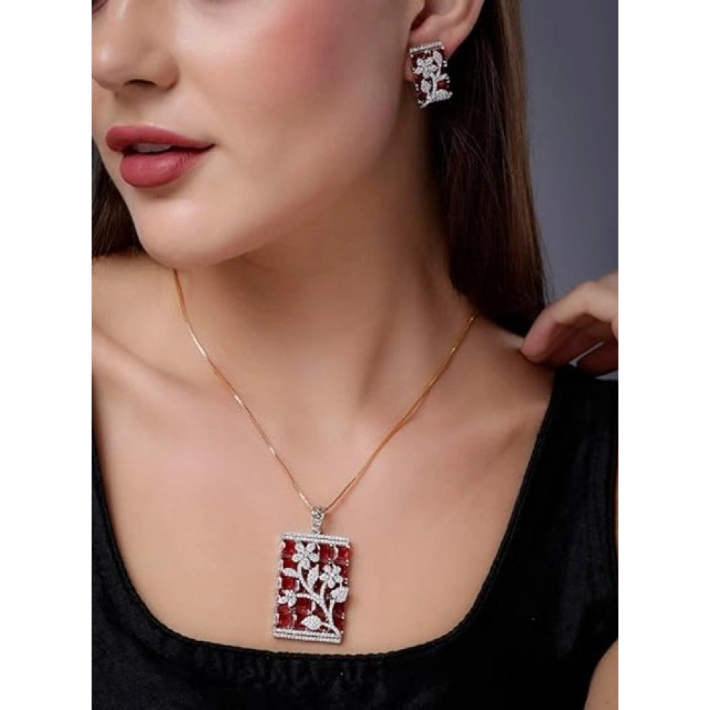 Brass Silver Plated Pendant Set (Red) – Design 02