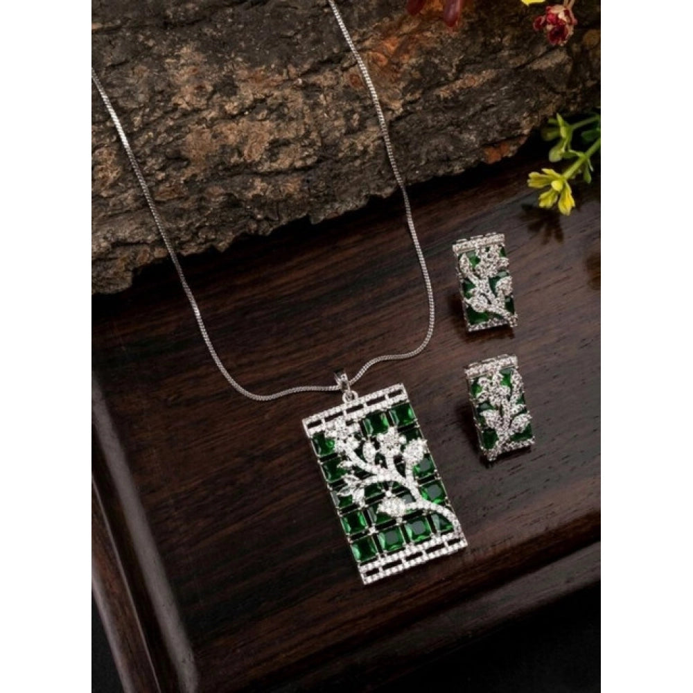 Brass Silver Plated Pendant Set (Green) – Design 03