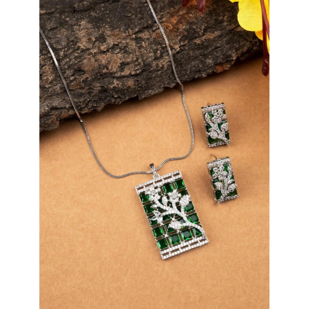 Brass Silver Plated Pendant Set (Green) – Design 03