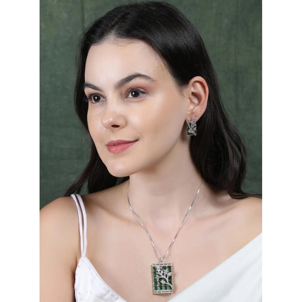 Brass Silver Plated Pendant Set (Green) – Design 03