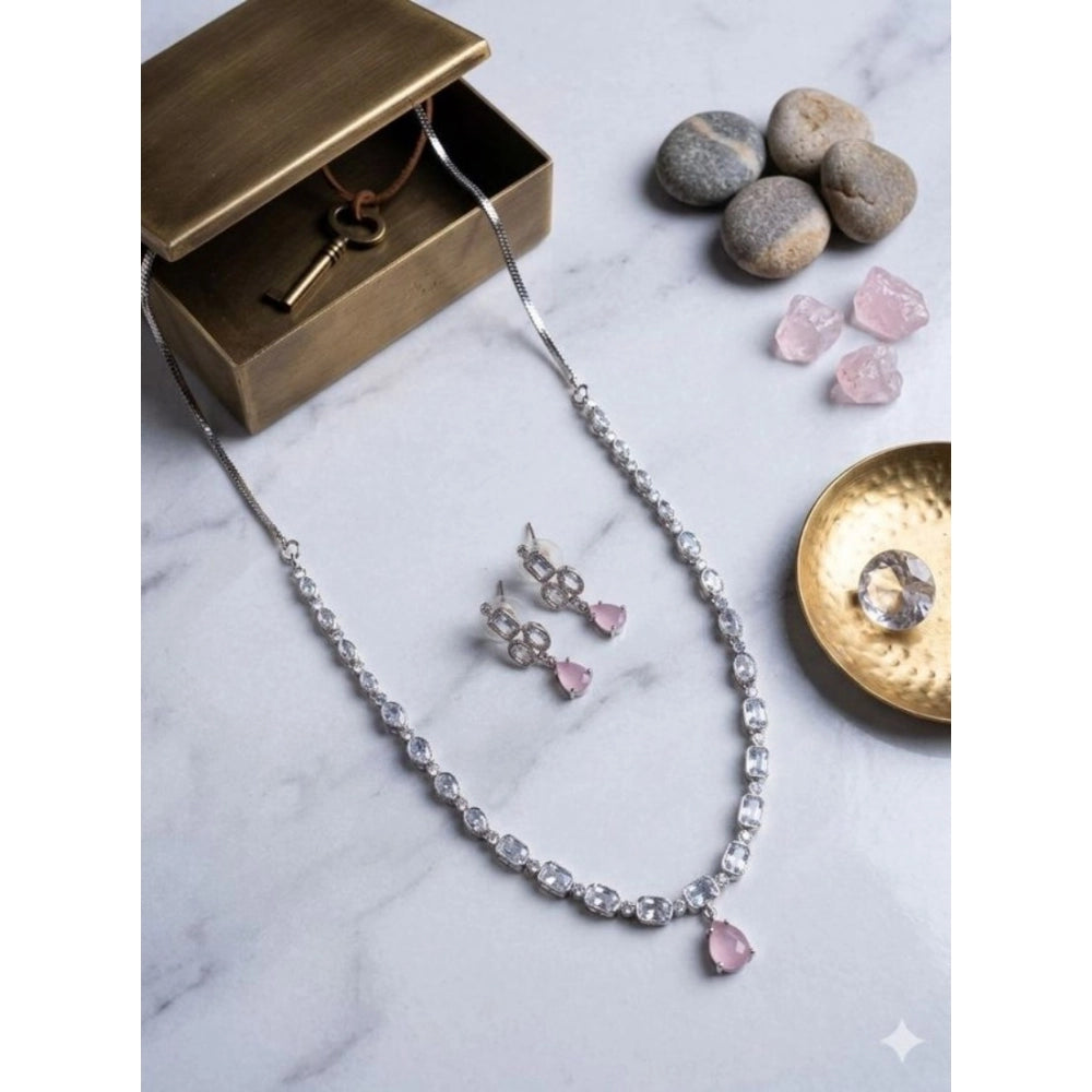 Brass Silver Plated Necklace set (Pink) – Design 01