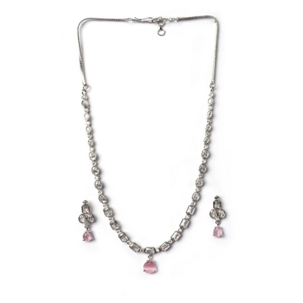 Brass Silver Plated Necklace set (Pink) – Design 01