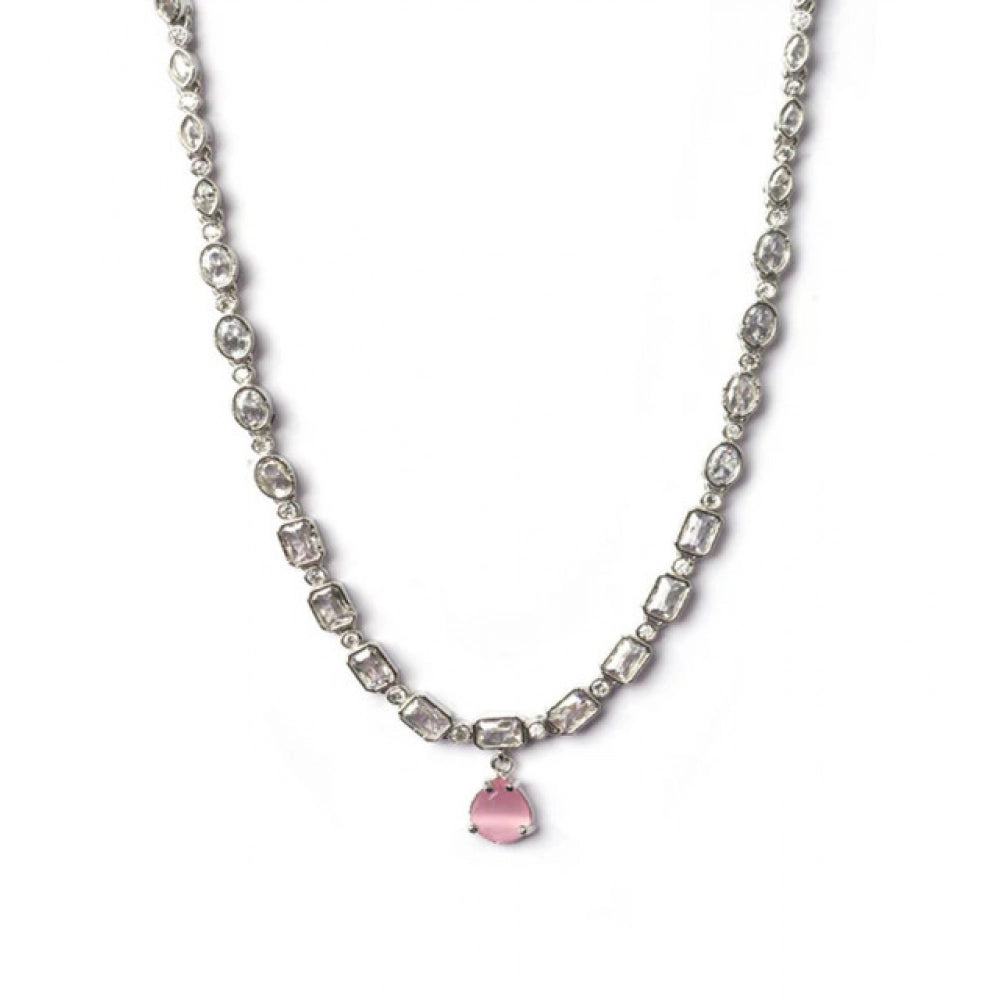 Brass Silver Plated Necklace set (Pink) – Design 01
