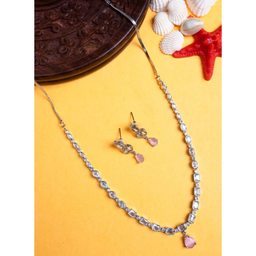 Brass Silver Plated Necklace set (Pink) – Design 01