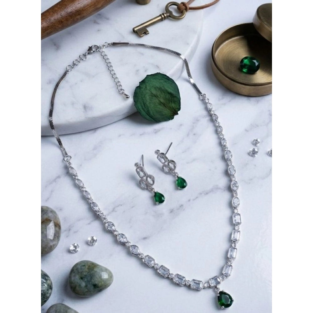Brass Silver Plated Necklace set (Green) – Design 01