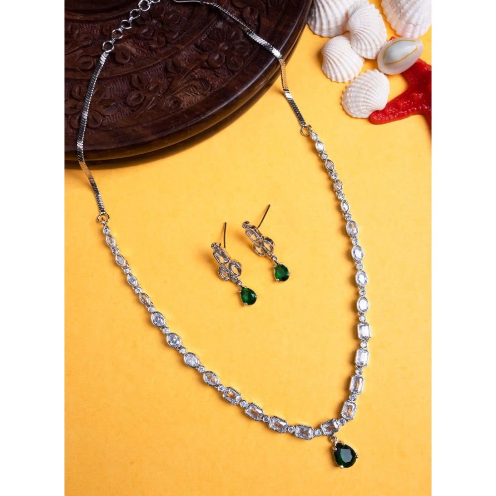 Brass Silver Plated Necklace set (Green) – Design 01