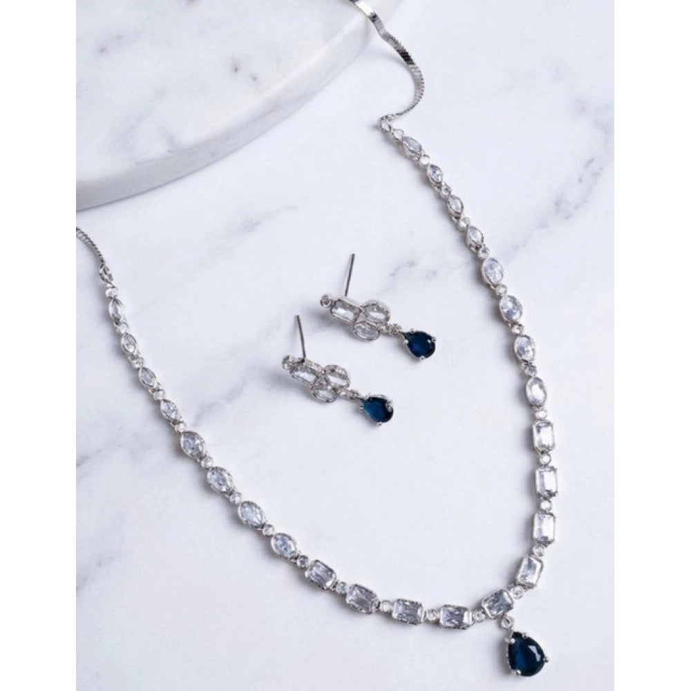 Brass Silver Plated Necklace set (Blue) – Design 01