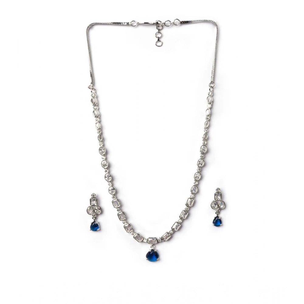 Brass Silver Plated Necklace set (Blue) – Design 01