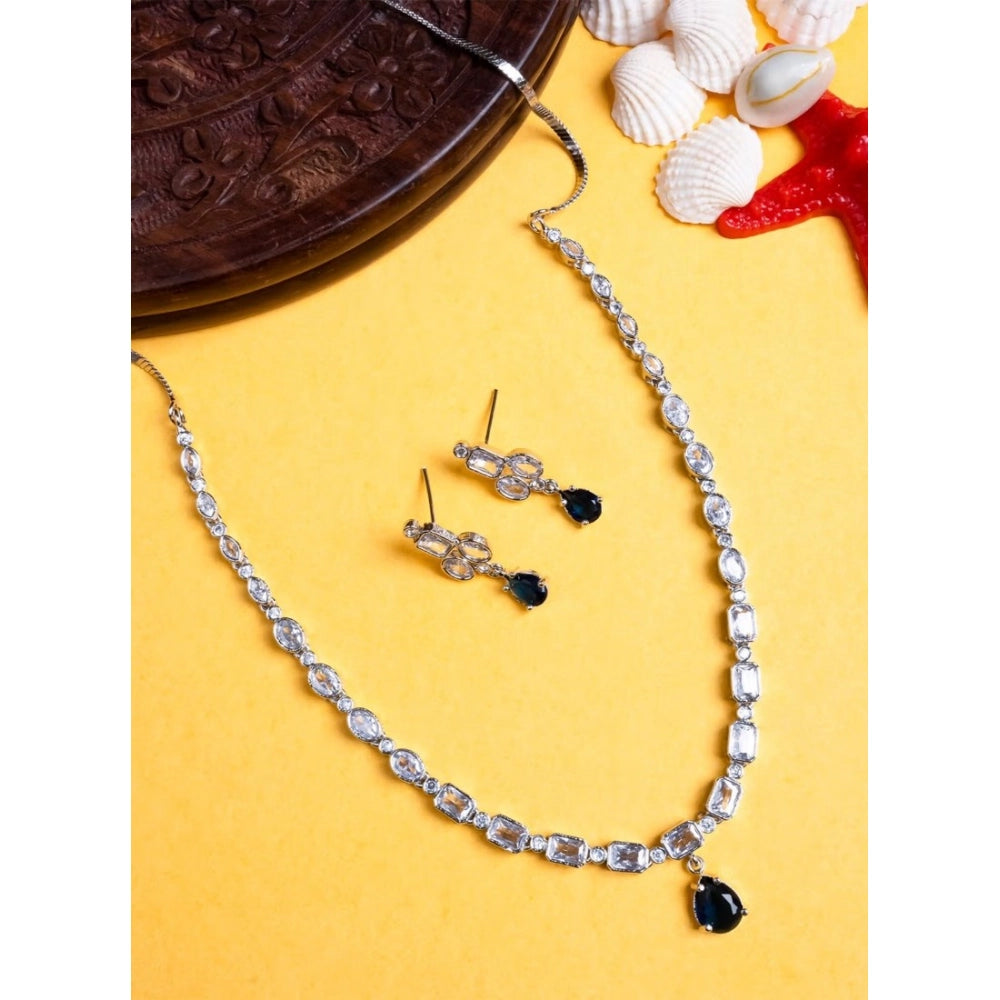 Brass Silver Plated Necklace set (Blue) – Design 01