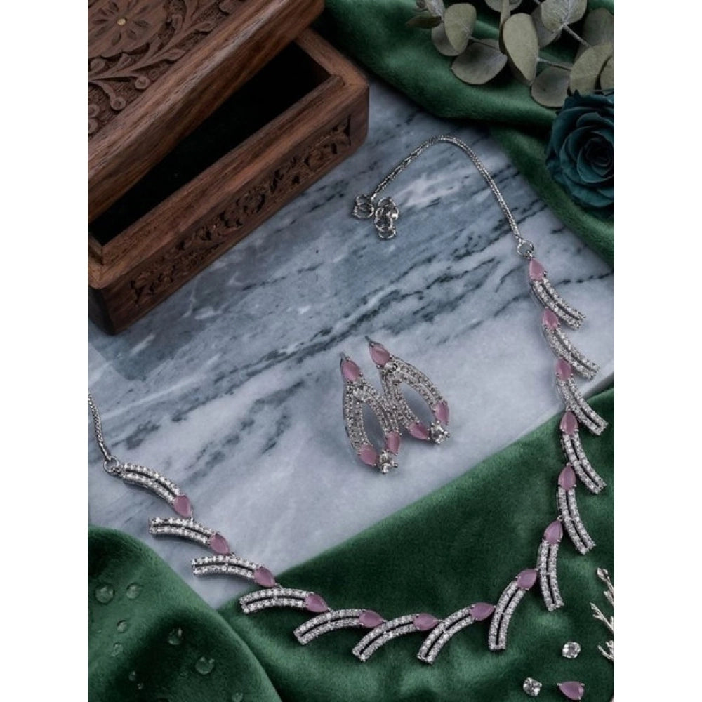 Brass Silver Plated Necklace set (Pink) – Design 02