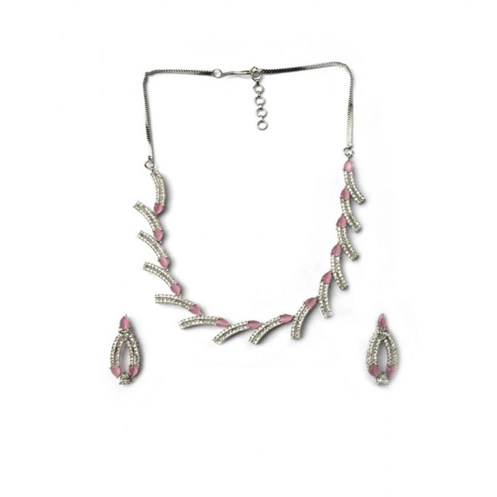 Brass Silver Plated Necklace set (Pink) – Design 02