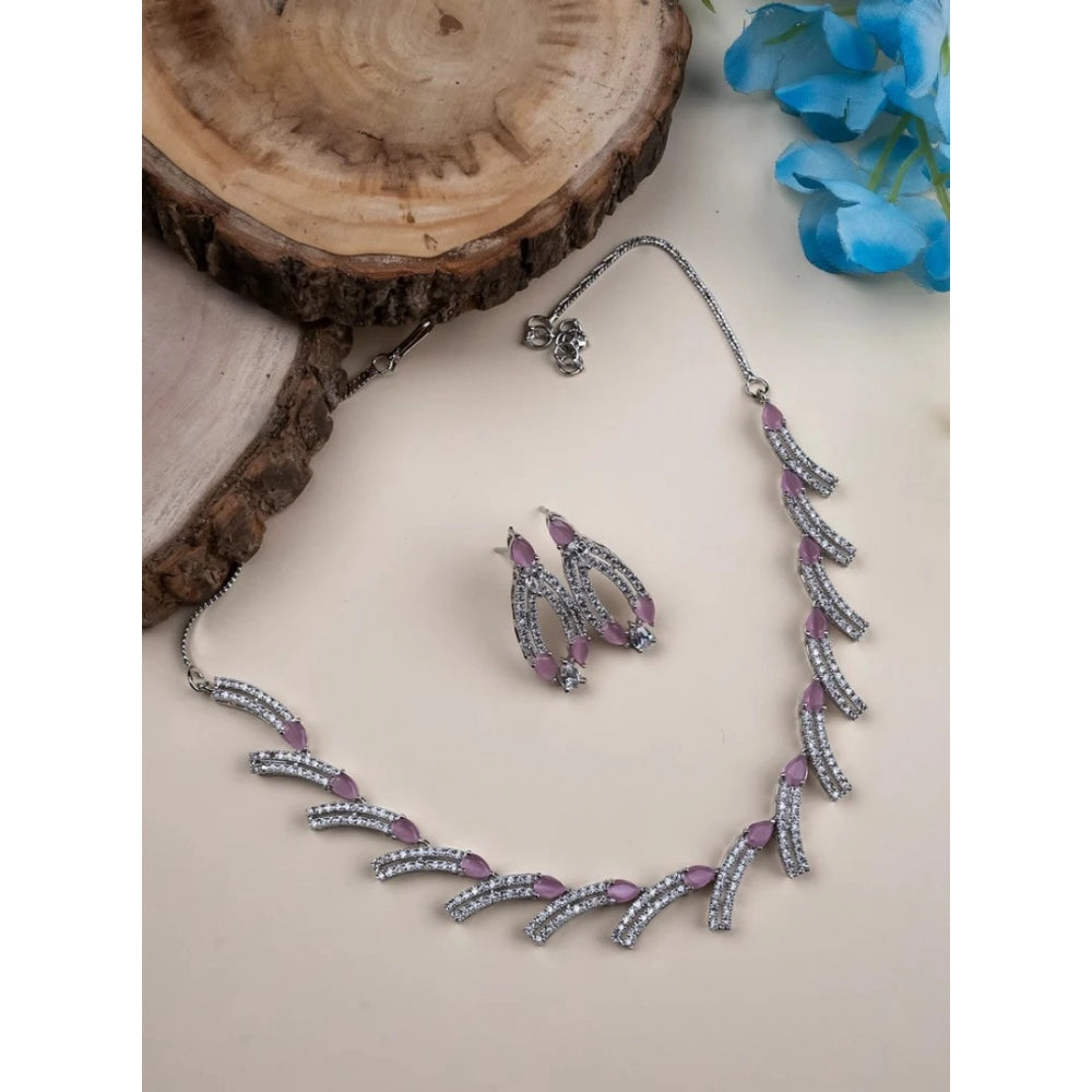 Brass Silver Plated Necklace set (Pink) – Design 02