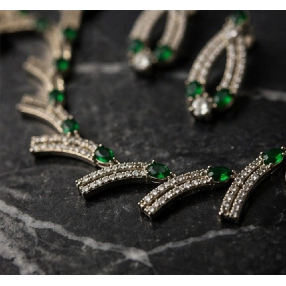 Brass Silver Plated Necklace set (Green) – Design 02