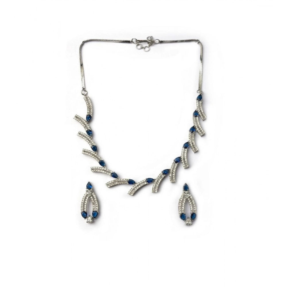 Brass Silver Plated Necklace set (Blue) – Design 02
