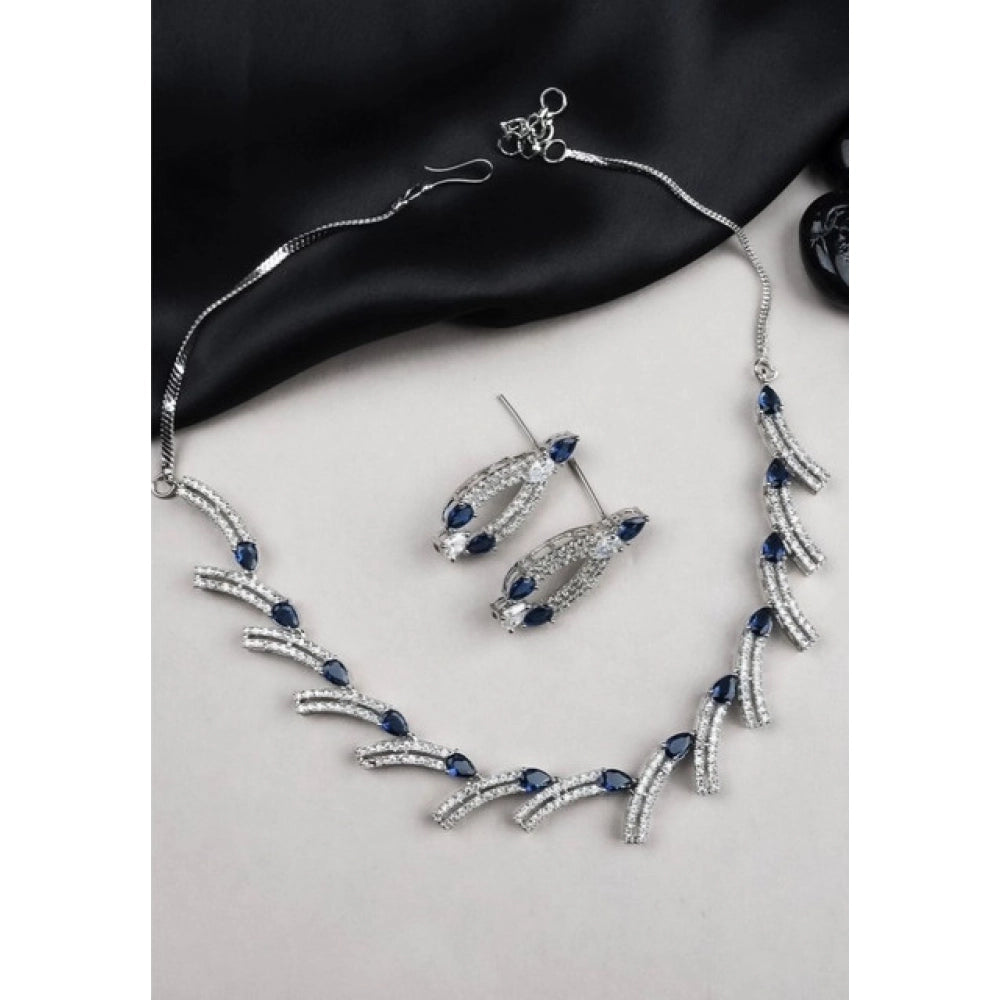 Brass Silver Plated Necklace set (Blue) – Design 02