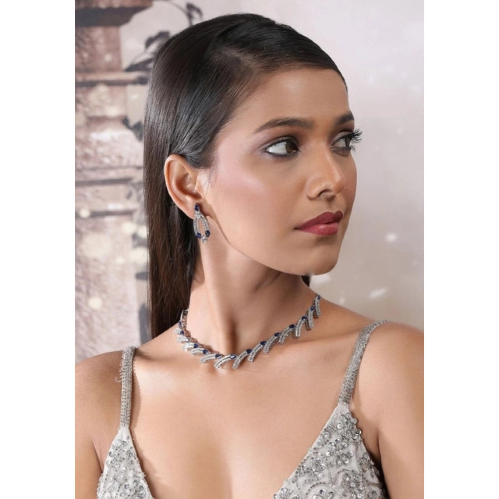 Brass Silver Plated Necklace set (Blue) – Design 02
