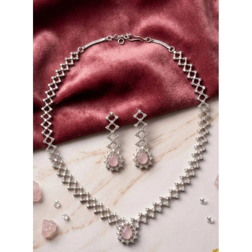 Brass Silver Plated Necklace set (Pink) – Design 03