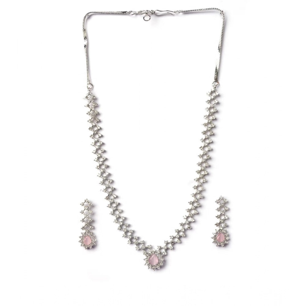 Brass Silver Plated Necklace set (Pink) – Design 03