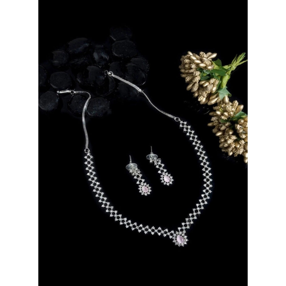 Brass Silver Plated Necklace set (Pink) – Design 03