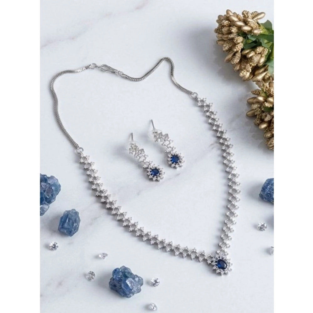 Brass Silver Plated Necklace set (Blue) – Design 03