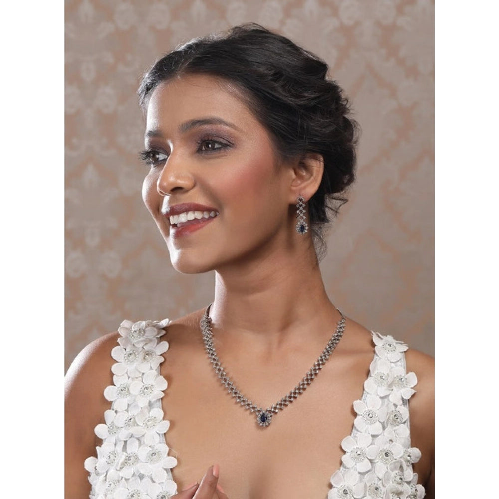 Brass Silver Plated Necklace set (Blue) – Design 03