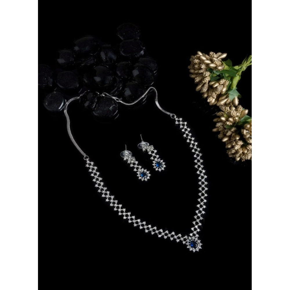 Brass Silver Plated Necklace set (Blue) – Design 03