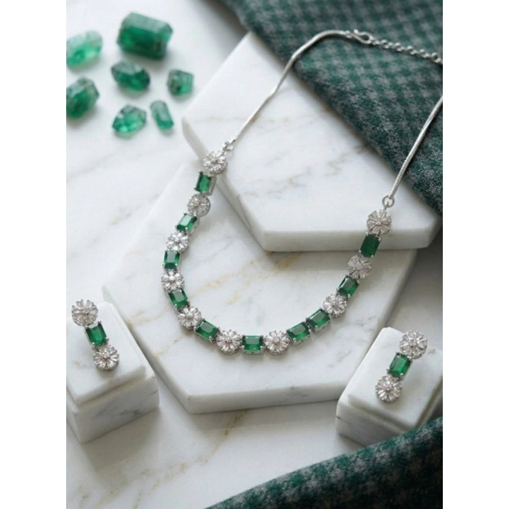 Brass Silver Plated Necklace set (Green) – Design 04